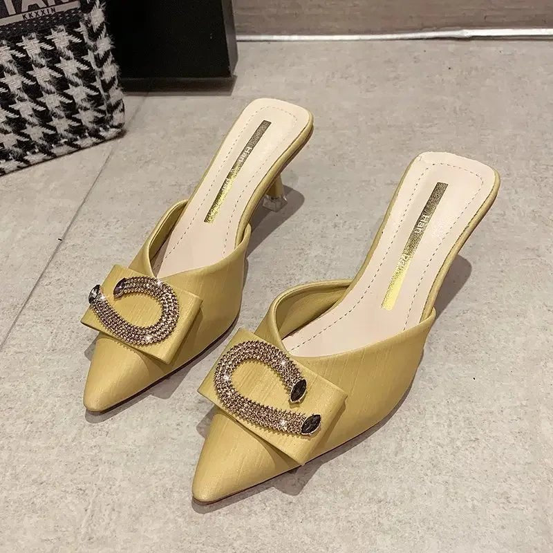 2024 New Women Slippers Mules Pointed Toe Rubber Metal Chains Outsole Slides Footwear Fashion Casual Lady High Heels Zapatillas - La Tienda Bella