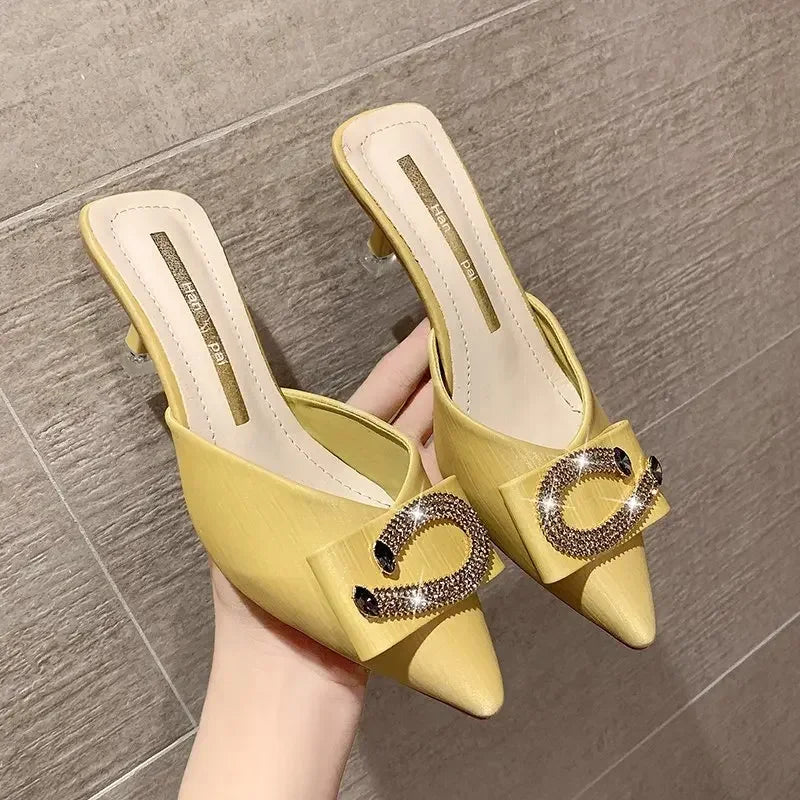 2024 New Women Slippers Mules Pointed Toe Rubber Metal Chains Outsole Slides Footwear Fashion Casual Lady High Heels Zapatillas - La Tienda Bella