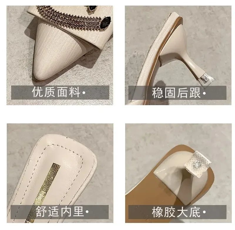 2024 New Women Slippers Mules Pointed Toe Rubber Metal Chains Outsole Slides Footwear Fashion Casual Lady High Heels Zapatillas - La Tienda Bella