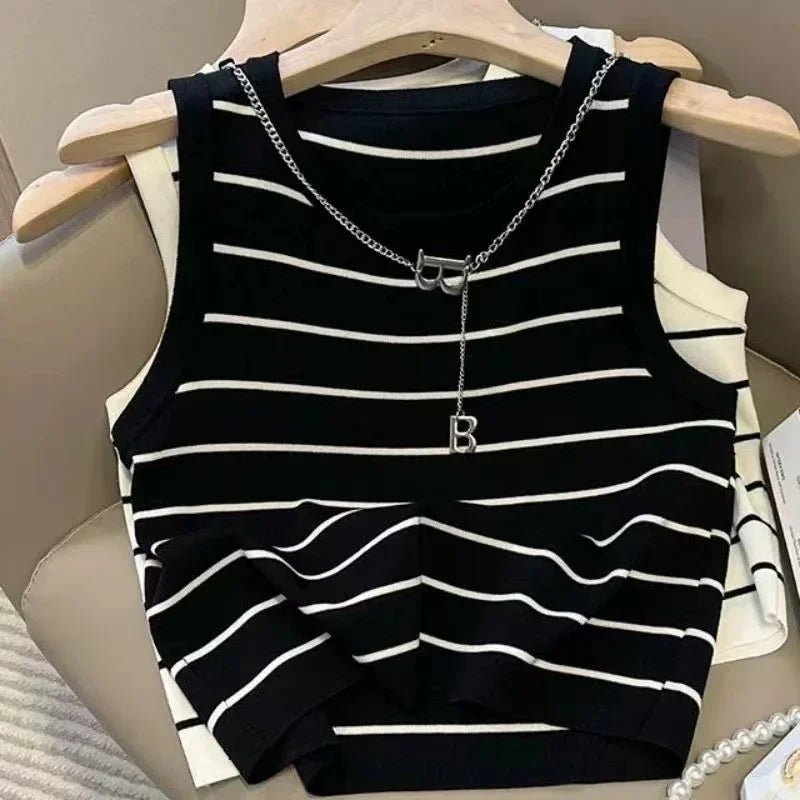 2025 New Striped Stretch Vest Basic Versatile Short Top Women's Clothing - La Tienda Bella