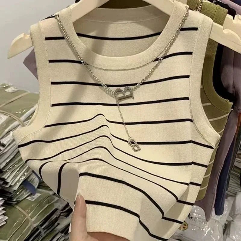 2025 New Striped Stretch Vest Basic Versatile Short Top Women's Clothing - La Tienda Bella