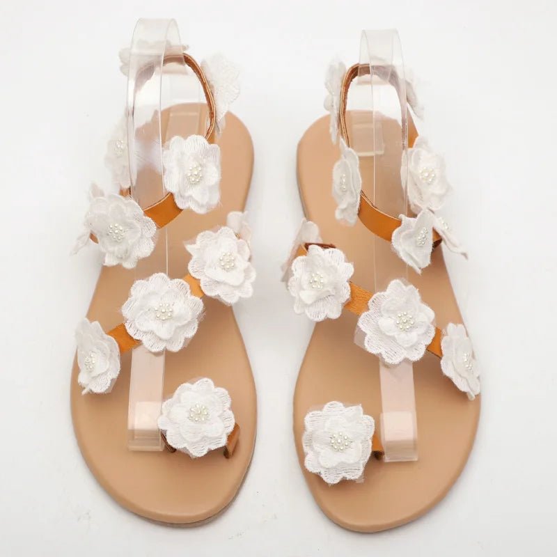 2025 New Summer Ladies Shoes Women Sandals White Flowers Flat Sandals Women Bohemian Casual Beach Shoes for Woman 42 43 WSH3390 - La Tienda Bella