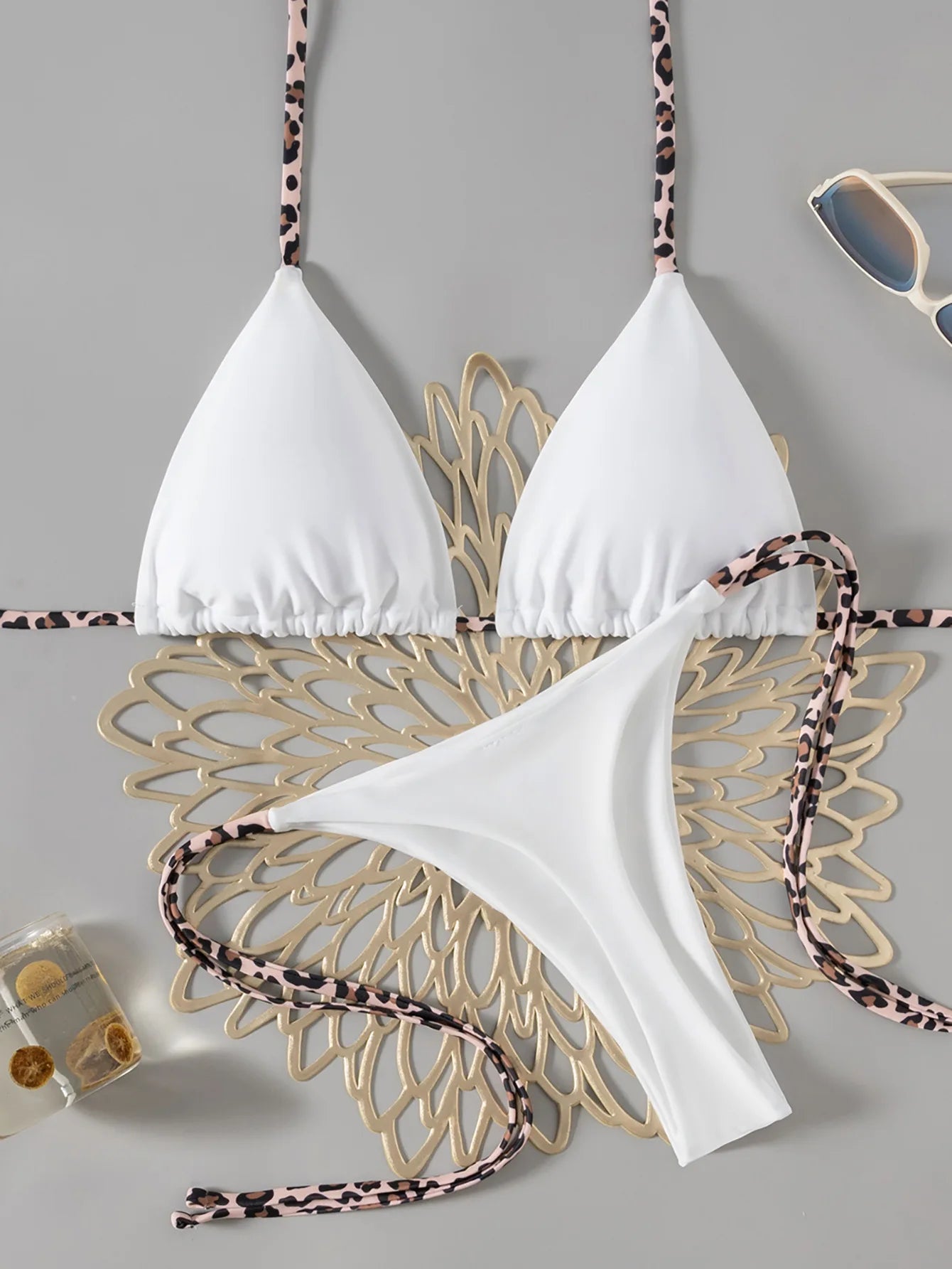 2025 Women White Black Bikini Set Leopard Patchwork Strap Push Up Triangle Swimsuit Summer Bathing - La Tienda Bella