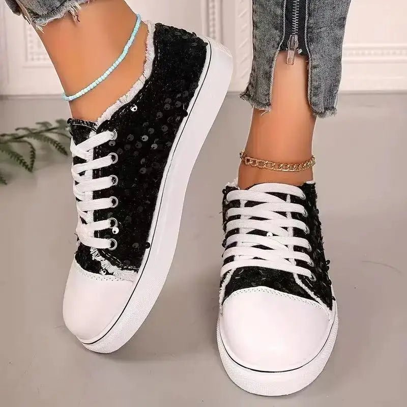 2025 Women's Single Shoes Spring Autumn New Fashion Sneakers Round Head Flat Bottom Lace Up Sequins Casual Shoes - La Tienda Bella