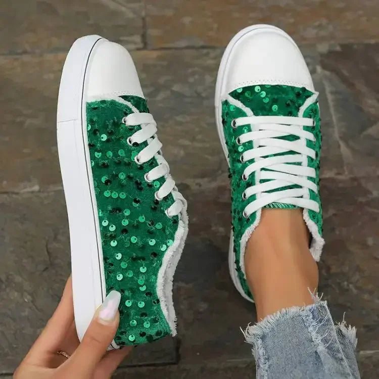 2025 Women's Single Shoes Spring Autumn New Fashion Sneakers Round Head Flat Bottom Lace Up Sequins Casual Shoes - La Tienda Bella
