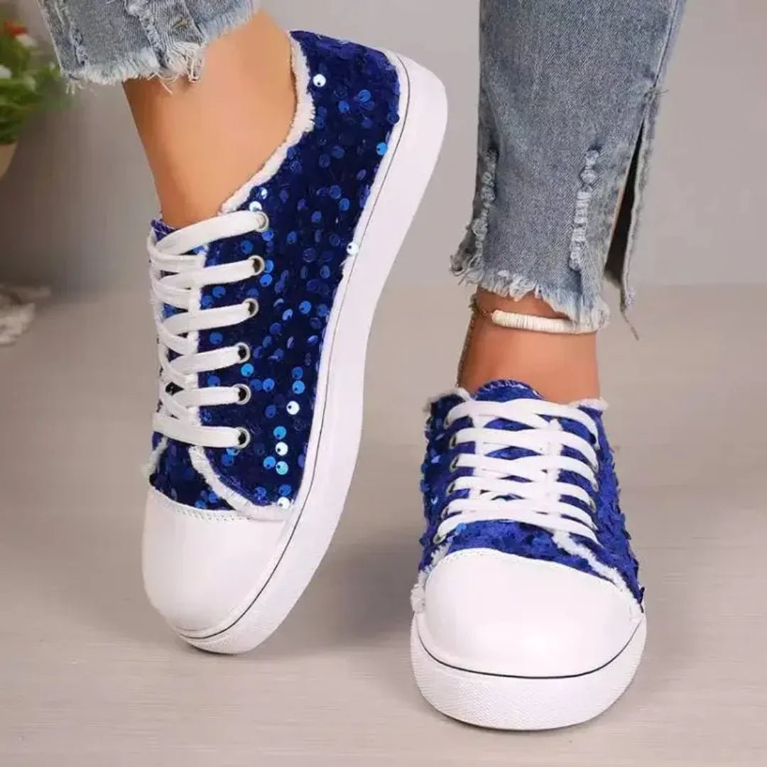 2025 Women's Single Shoes Spring Autumn New Fashion Sneakers Round Head Flat Bottom Lace Up Sequins Casual Shoes - La Tienda Bella