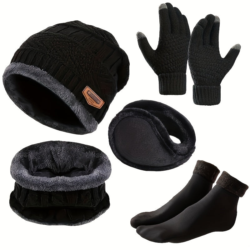5 - Piece Winter Warmth Set – Knit Beanie, Thermal Gloves, Faux Fur Earmuffs, Neck Scarf, Non - Slip Socks – Basic Polyester Cold Weather Essentials Kit for Men and Women - La Tienda Bella
