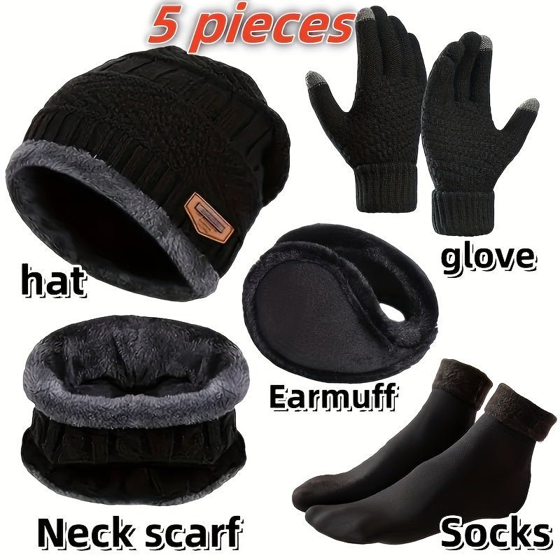 5 - Piece Winter Warmth Set – Knit Beanie, Thermal Gloves, Faux Fur Earmuffs, Neck Scarf, Non - Slip Socks – Basic Polyester Cold Weather Essentials Kit for Men and Women - La Tienda Bella