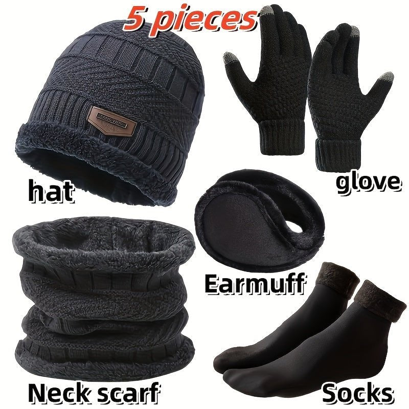 5 - Piece Winter Warmth Set – Knit Beanie, Thermal Gloves, Faux Fur Earmuffs, Neck Scarf, Non - Slip Socks – Basic Polyester Cold Weather Essentials Kit for Men and Women - La Tienda Bella