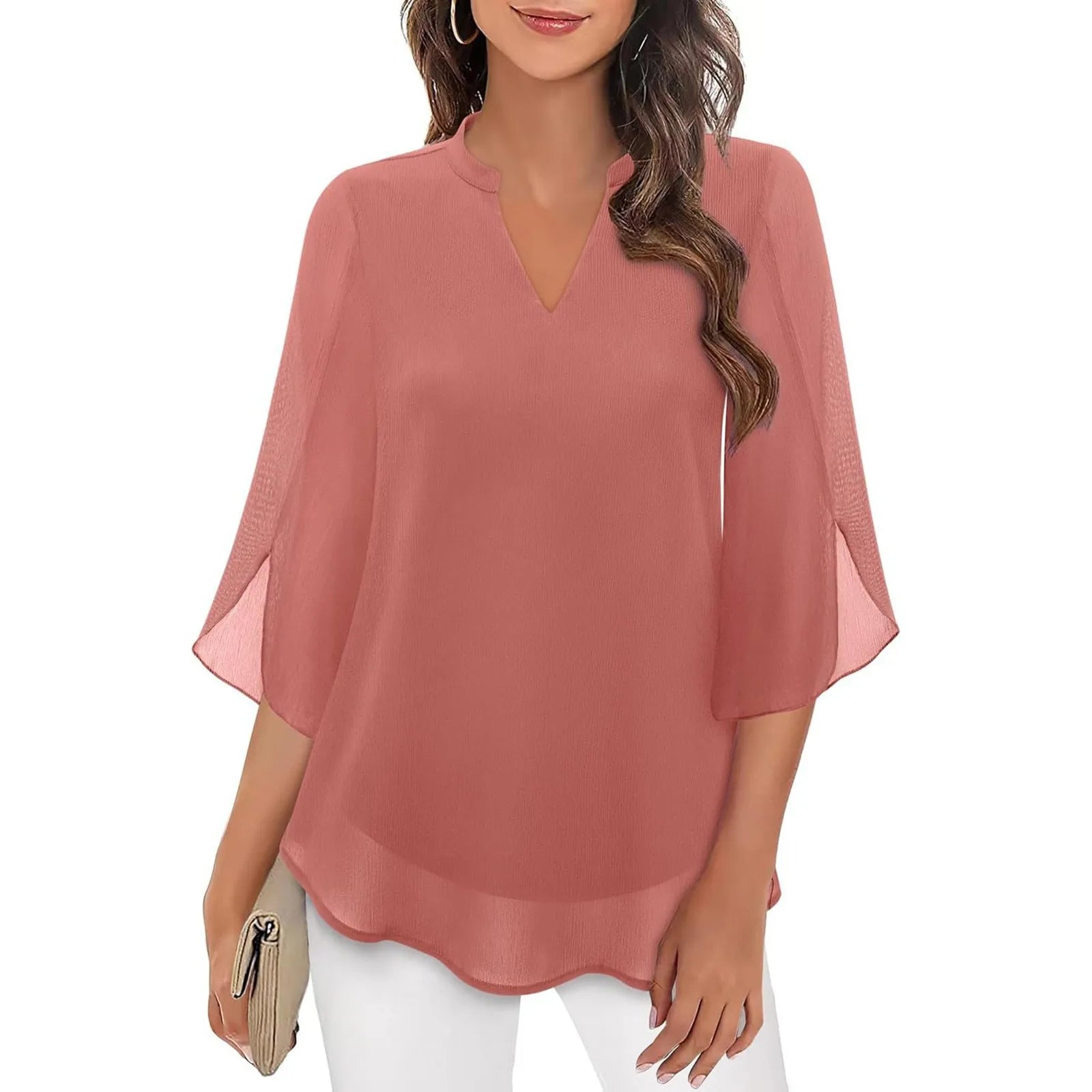 Elegant V - Neck Blouse for Women – Casual Long Sleeve Office Top - La Tienda Bella