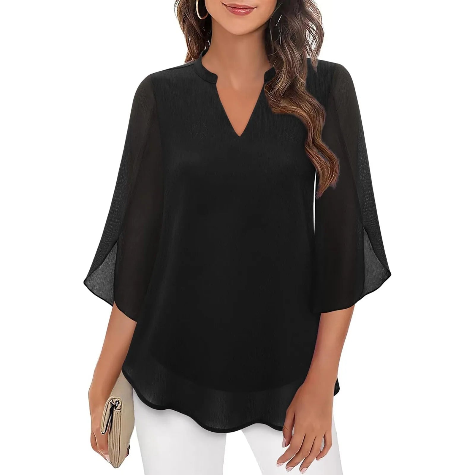 Elegant V - Neck Blouse for Women – Casual Long Sleeve Office Top - La Tienda Bella