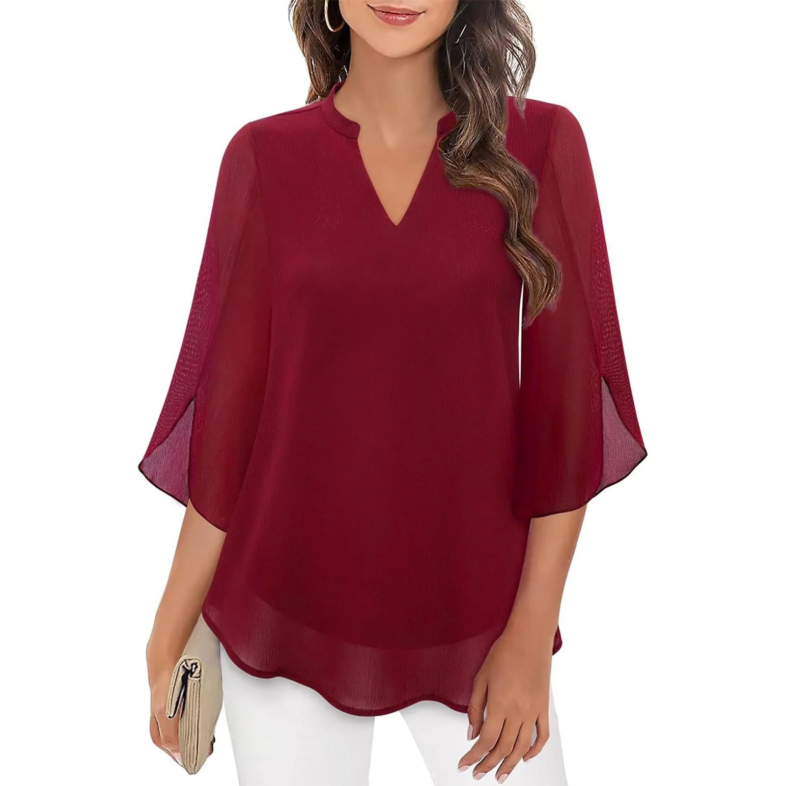 Elegant V - Neck Blouse for Women – Casual Long Sleeve Office Top - La Tienda Bella