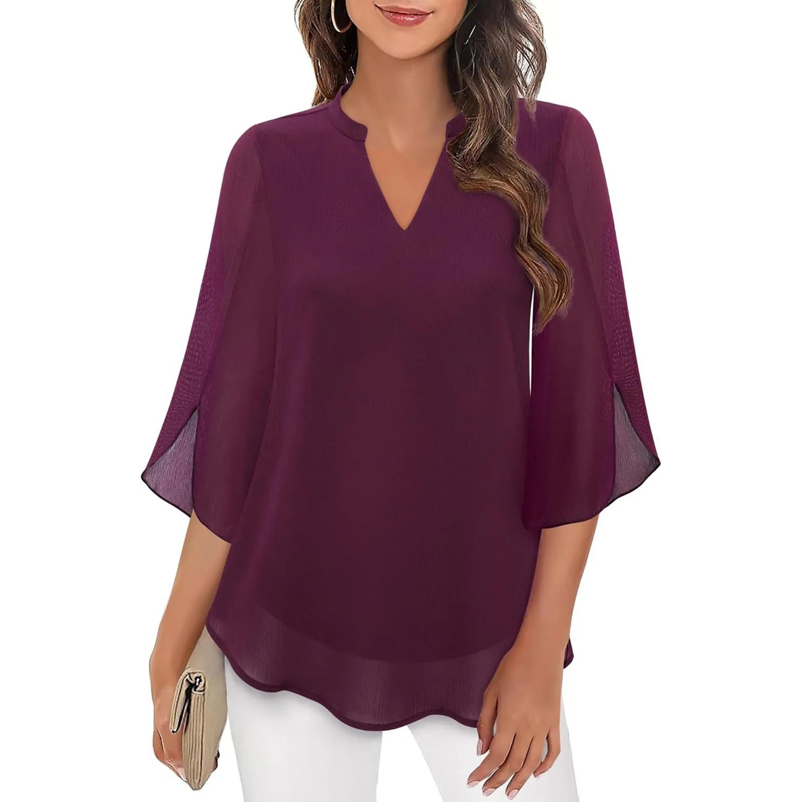 Elegant V - Neck Blouse for Women – Casual Long Sleeve Office Top - La Tienda Bella