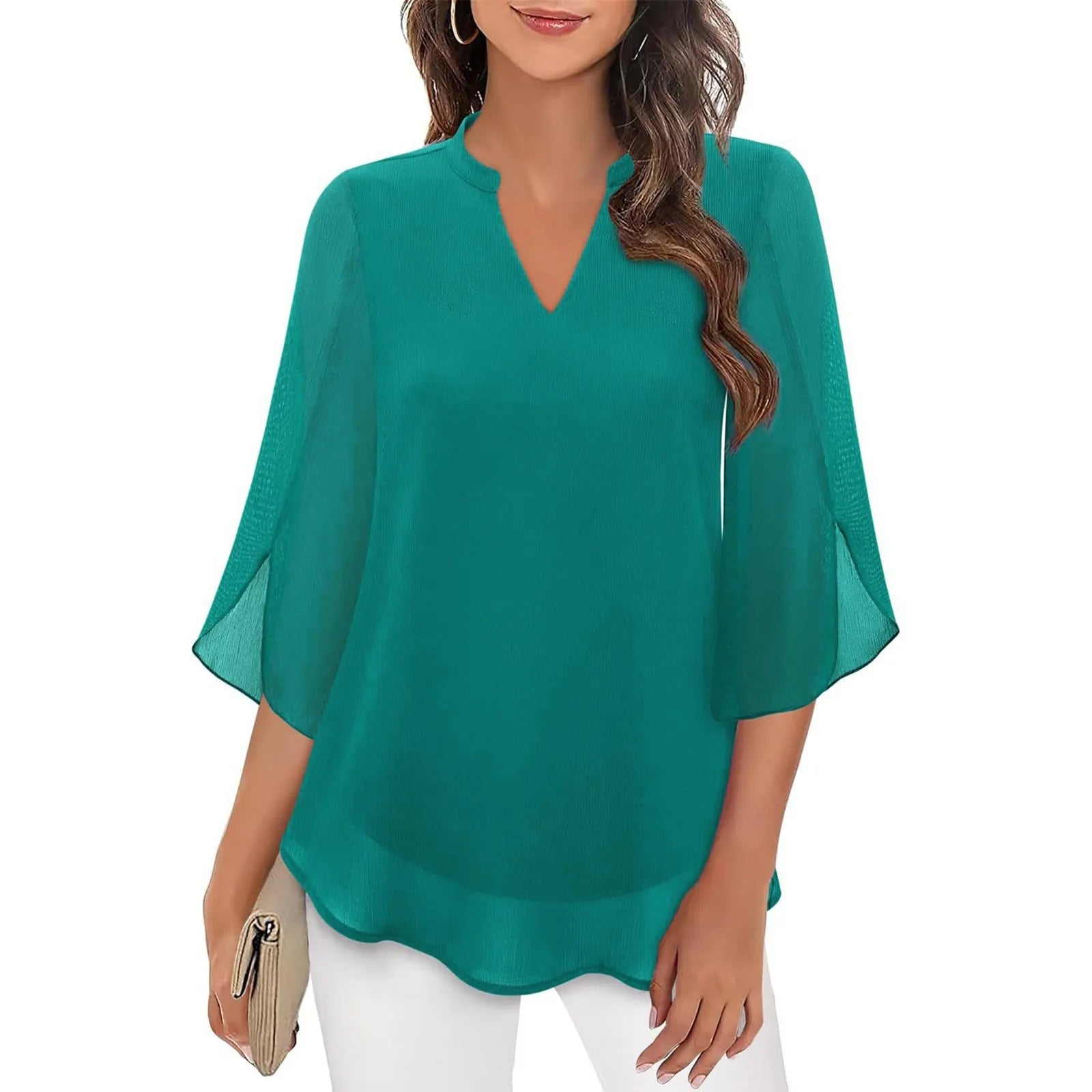 Elegant V - Neck Blouse for Women – Casual Long Sleeve Office Top - La Tienda Bella