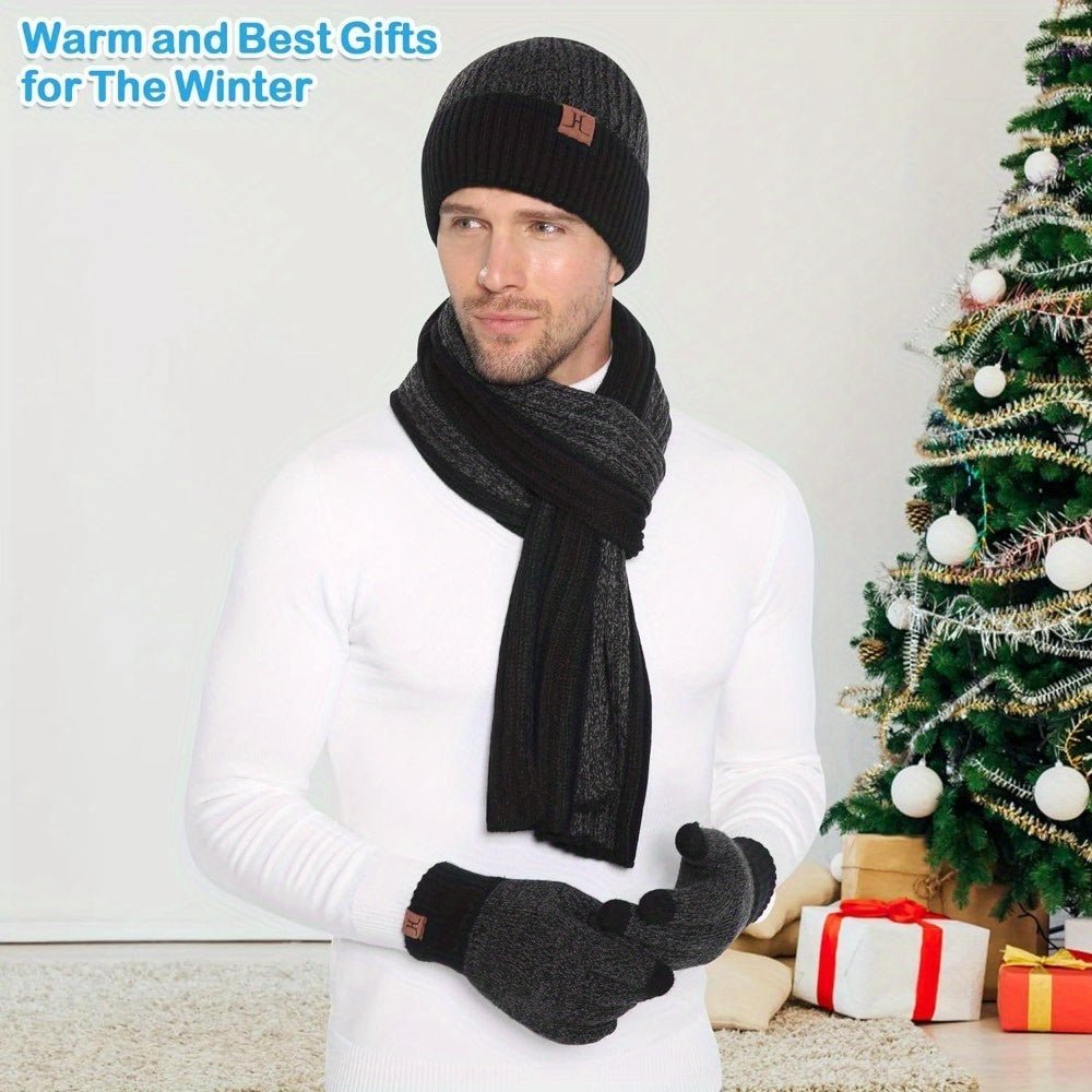 Mens & Womens Winter Knit Hat Beanie Long Neck Scarf Touchscreen Gloves Set Skull Cap with Fleece Lined Gifts for Men Women - La Tienda Bella