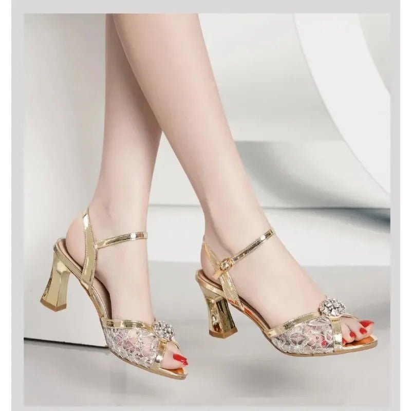 New 2024 Summer Luxury Designers Women Sandals Fashion Gold Rhinestone Thin High Heel Shoes Ladies Elegant Party Dress Sandalias - La Tienda Bella