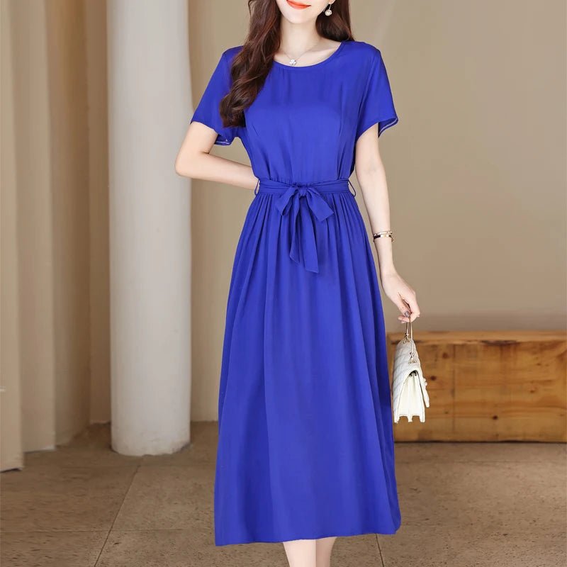 New Fashion Summer Dresses For Women 2025 Elegant Casual Short Sleeve Midi Dress Soild Colour Women Clothing - La Tienda Bella