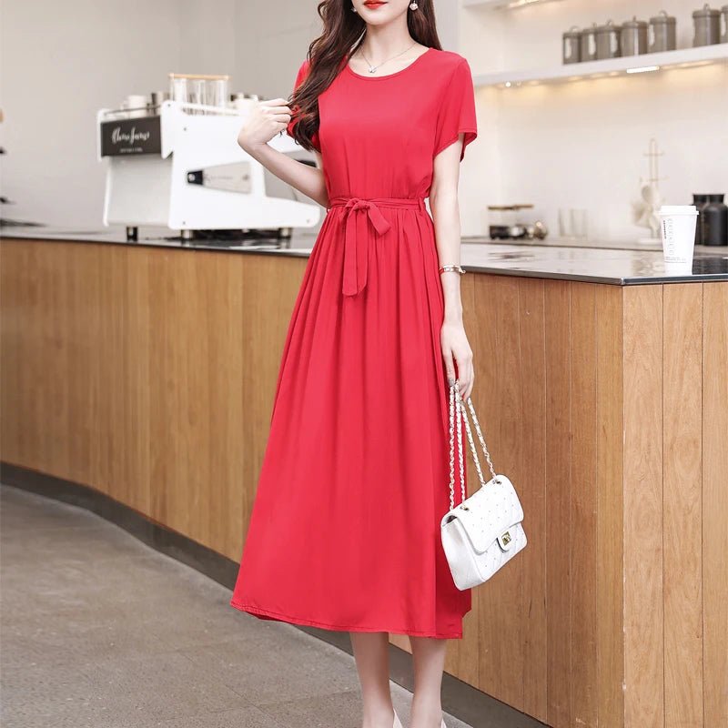 New Fashion Summer Dresses For Women 2025 Elegant Casual Short Sleeve Midi Dress Soild Colour Women Clothing - La Tienda Bella