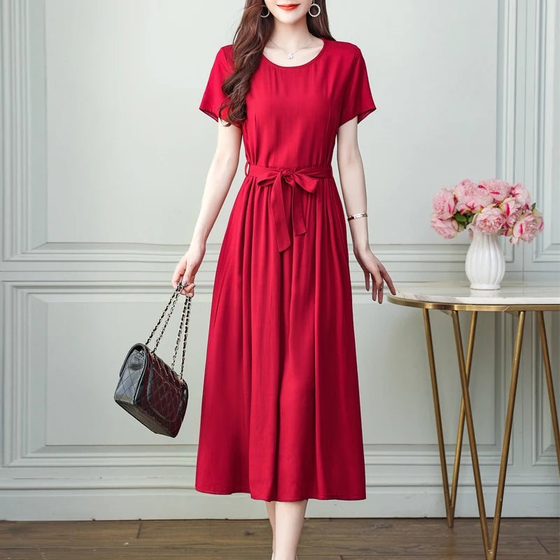 New Fashion Summer Dresses For Women 2025 Elegant Casual Short Sleeve Midi Dress Soild Colour Women Clothing - La Tienda Bella