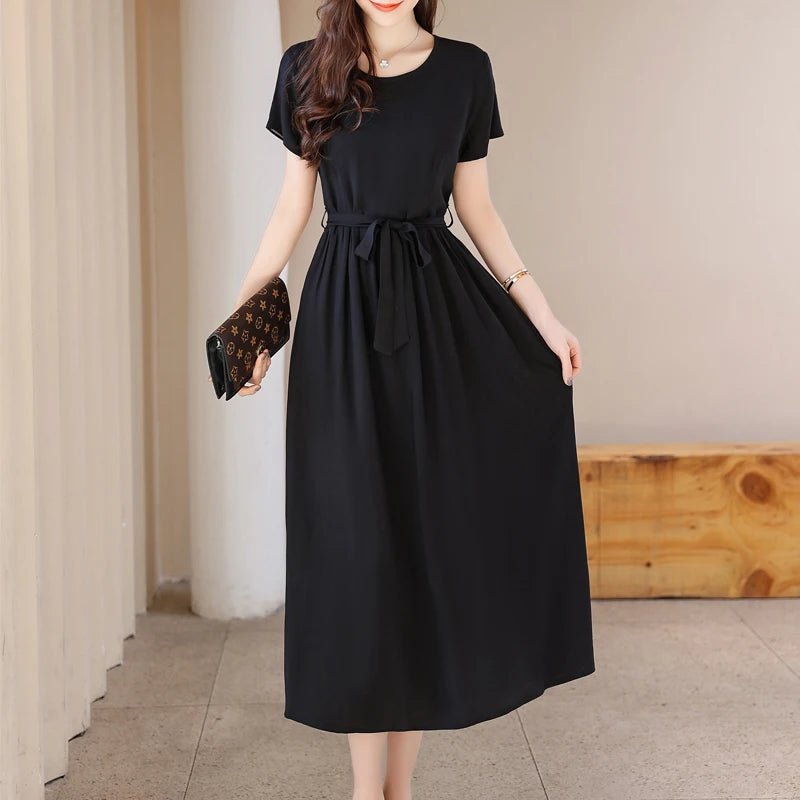 New Fashion Summer Dresses For Women 2025 Elegant Casual Short Sleeve Midi Dress Soild Colour Women Clothing - La Tienda Bella