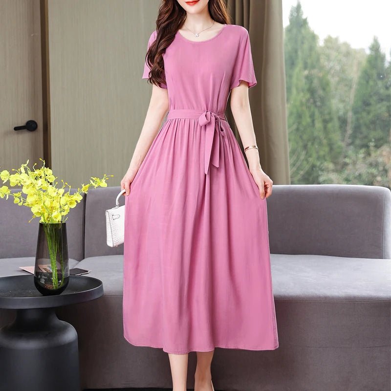 New Fashion Summer Dresses For Women 2025 Elegant Casual Short Sleeve Midi Dress Soild Colour Women Clothing - La Tienda Bella