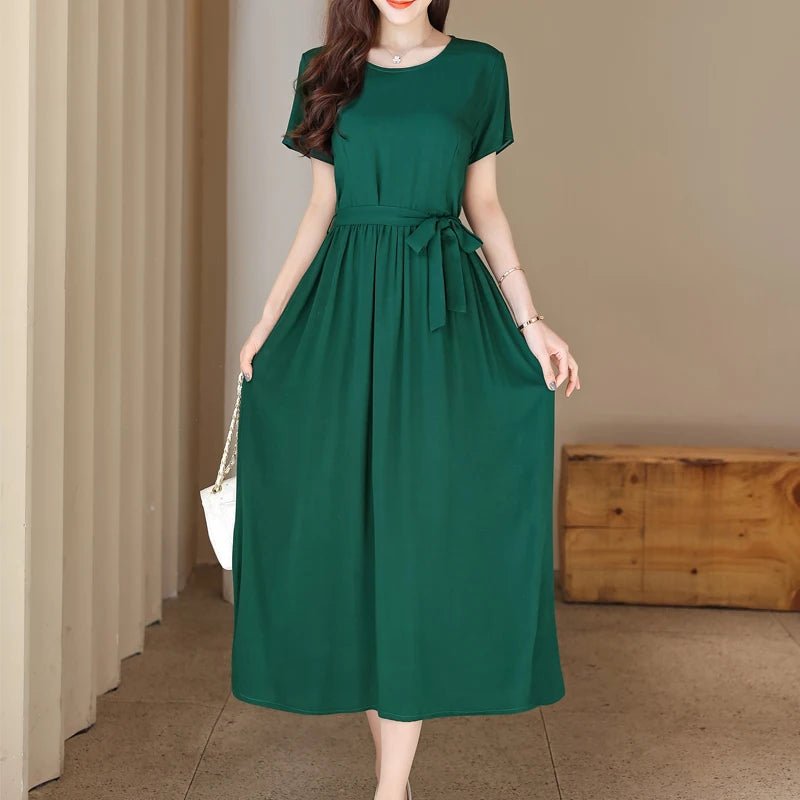 New Fashion Summer Dresses For Women 2025 Elegant Casual Short Sleeve Midi Dress Soild Colour Women Clothing - La Tienda Bella