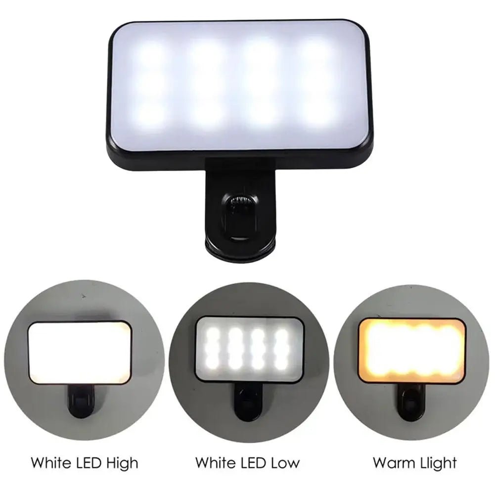 Portable Mini Selfie Fill Light Rechargeable 3 Modes Adjustable Brightness Clip On For Phone Laptop Tablet Meeting Make Up - La Tienda Bella