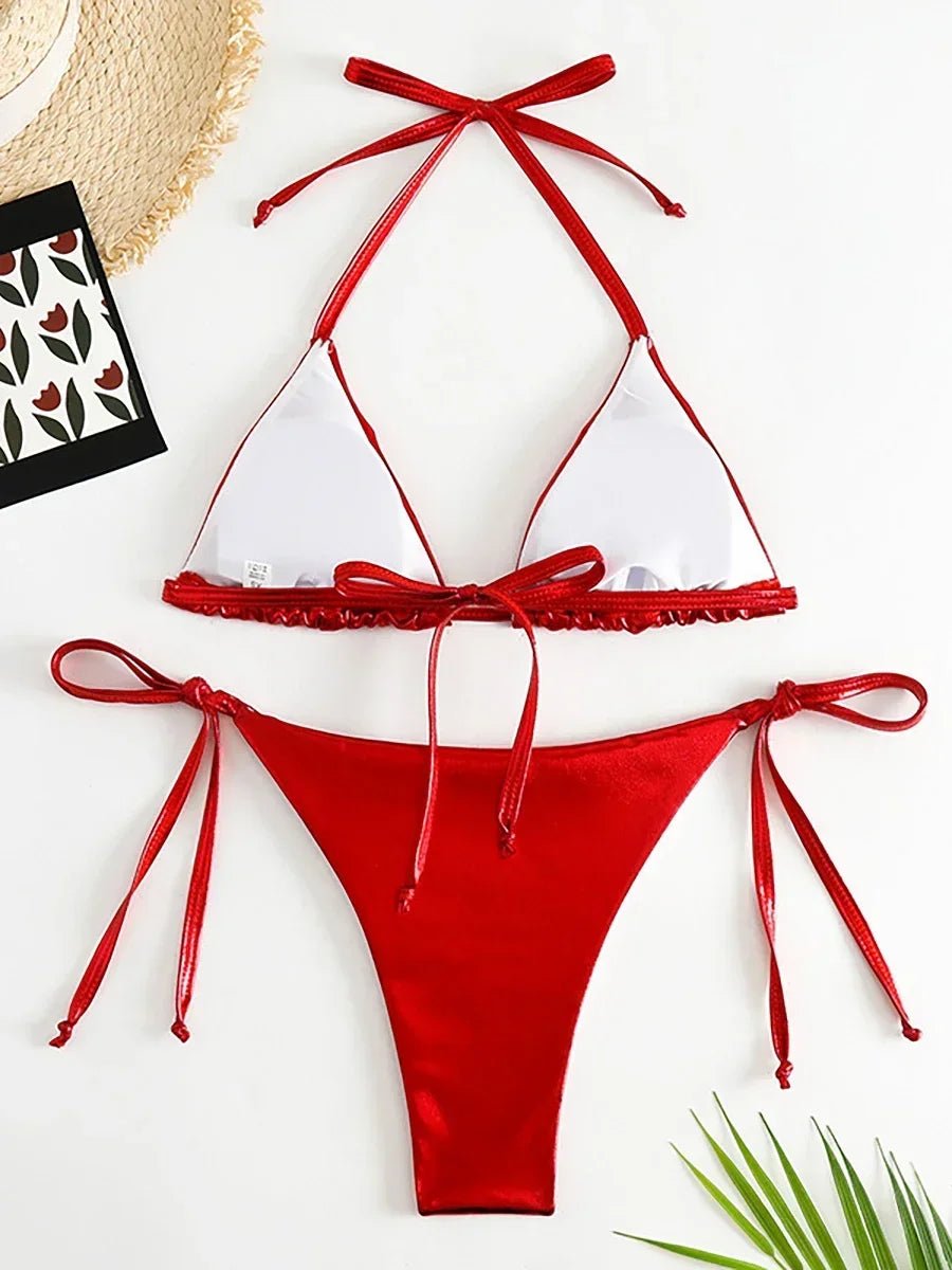 Sexy Metallic Halter Bikinis Sets Lace Up Triangle Tie Side Bikini 2024 Swimsuit Women Swimwear Brazilian - La Tienda Bella