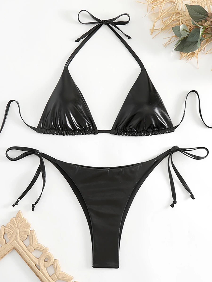 Sexy Metallic Halter Bikinis Sets Lace Up Triangle Tie Side Bikini 2024 Swimsuit Women Swimwear Brazilian - La Tienda Bella