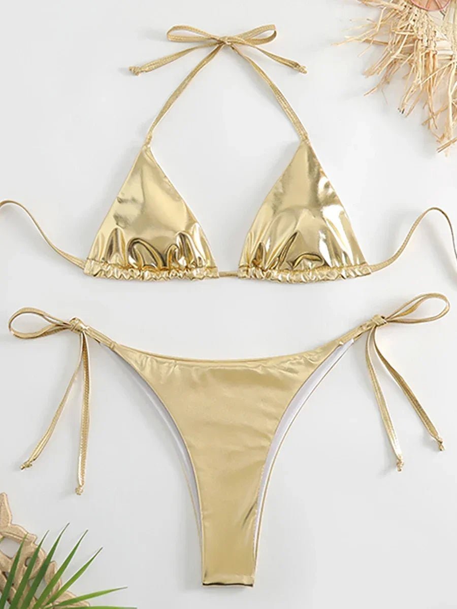 Sexy Metallic Halter Bikinis Sets Lace Up Triangle Tie Side Bikini 2024 Swimsuit Women Swimwear Brazilian - La Tienda Bella