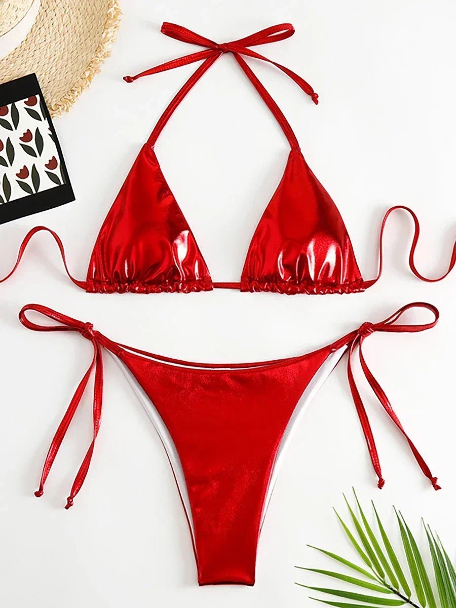 Sexy Metallic Halter Bikinis Sets Lace Up Triangle Tie Side Bikini 2024 Swimsuit Women Swimwear Brazilian - La Tienda Bella