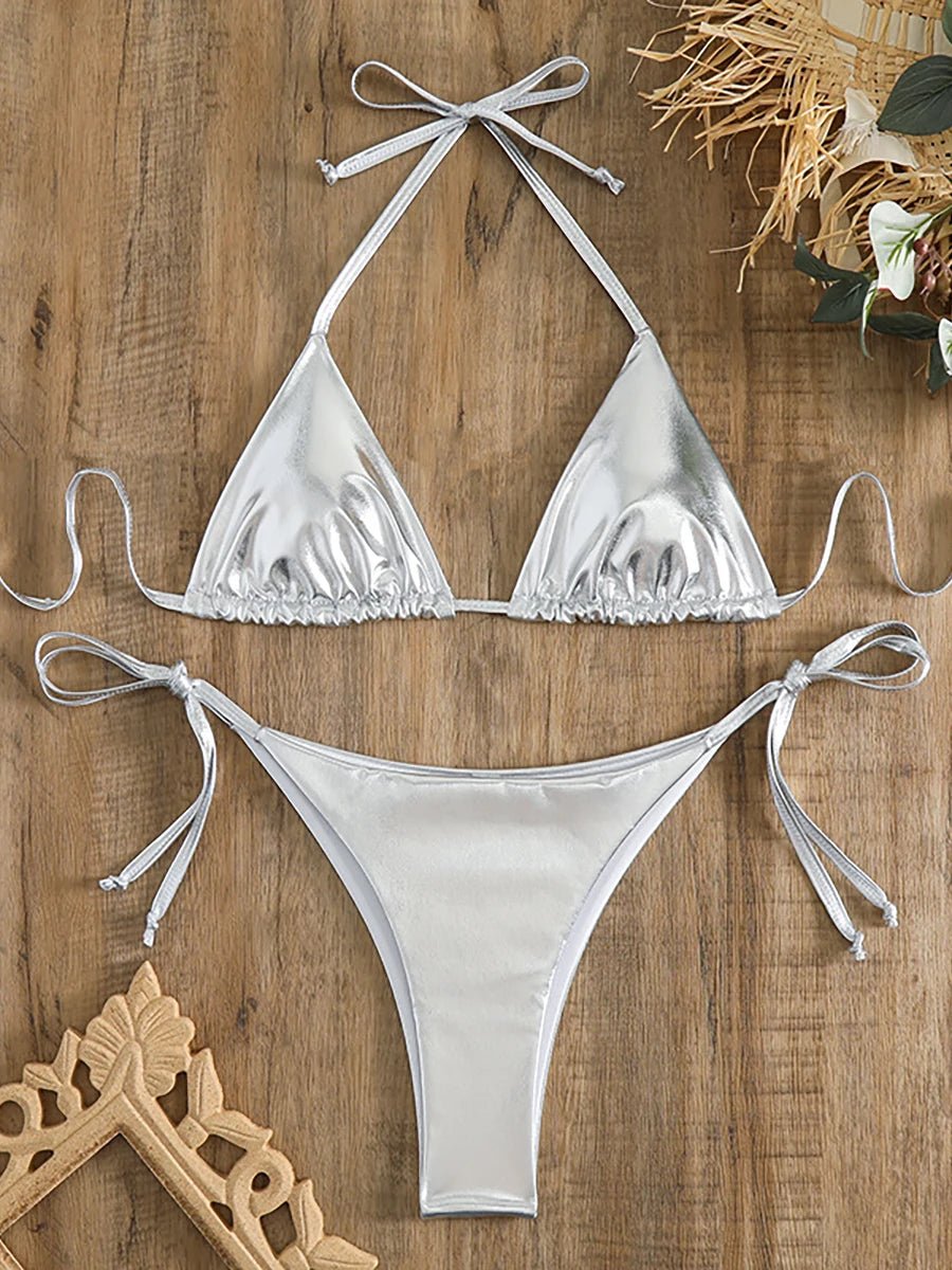 Sexy Metallic Halter Bikinis Sets Lace Up Triangle Tie Side Bikini 2024 Swimsuit Women Swimwear Brazilian - La Tienda Bella