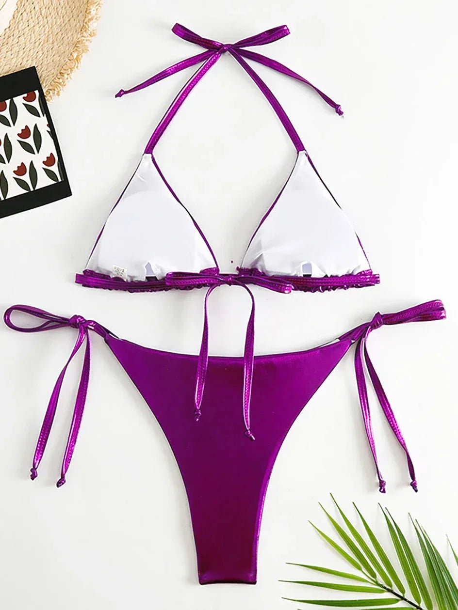 Sexy Metallic Halter Bikinis Sets Lace Up Triangle Tie Side Bikini 2024 Swimsuit Women Swimwear Brazilian - La Tienda Bella