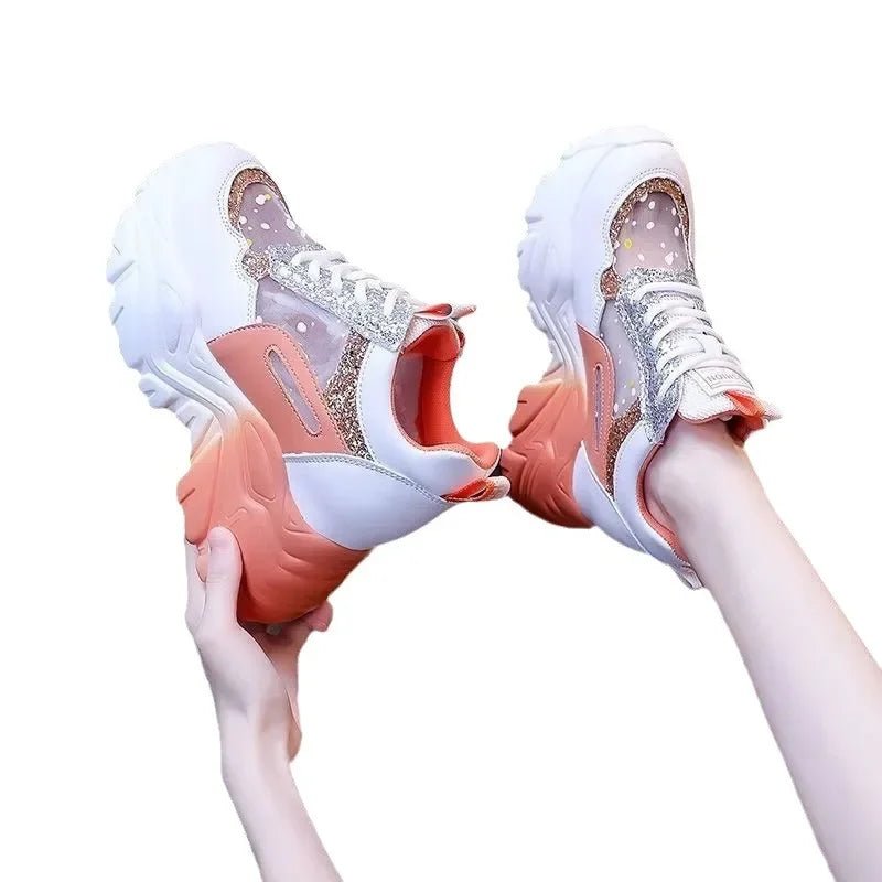 Shoes for Women Platform Shoes Autumn Women Casual Breathable Mesh Sequin Sneakers Wedges Sports Lace - up Non - slip Shoes - La Tienda Bella
