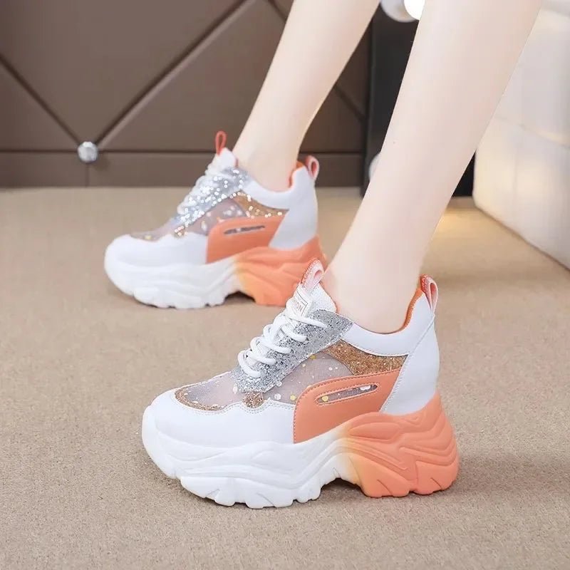 Shoes for Women Platform Shoes Autumn Women Casual Breathable Mesh Sequin Sneakers Wedges Sports Lace - up Non - slip Shoes - La Tienda Bella