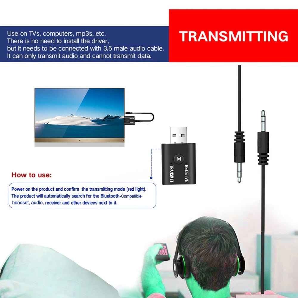 USB 5.0 Bluetooth - compatible Audio Receiver Transmitter for Car Computer TV Laptop Speaker Headset Music Audio Wireless Adapter - La Tienda Bella