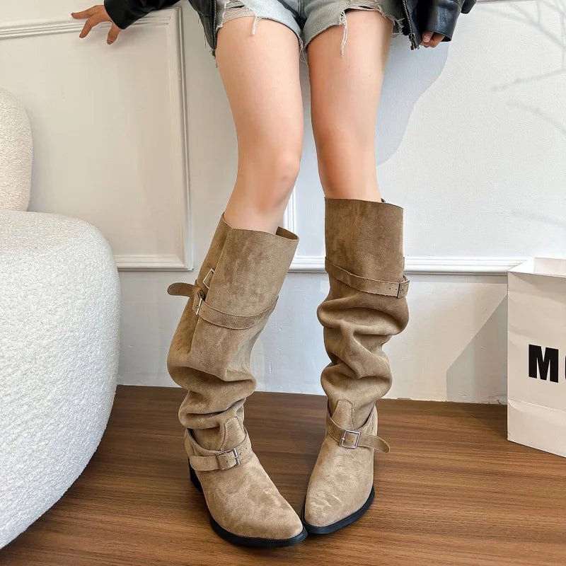 Women's Chelsea Boots 2025 Autumn New Suede Waterproof Sexy Pointed Women's Boots Elegant Banquet Dress Mid - calf Boots Zapatos - La Tienda Bella