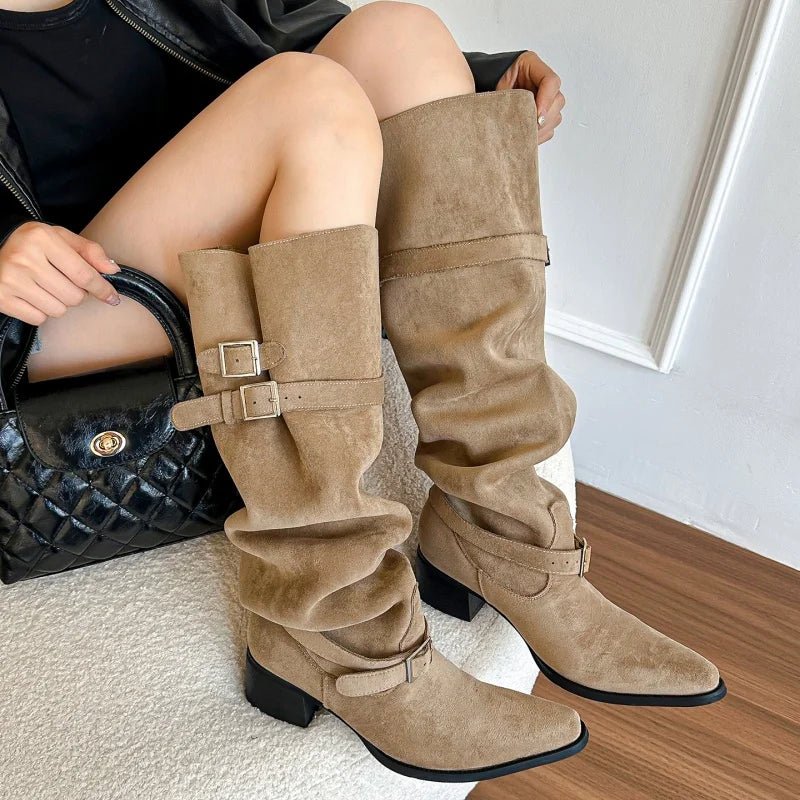 Women's Chelsea Boots 2025 Autumn New Suede Waterproof Sexy Pointed Women's Boots Elegant Banquet Dress Mid - calf Boots Zapatos - La Tienda Bella