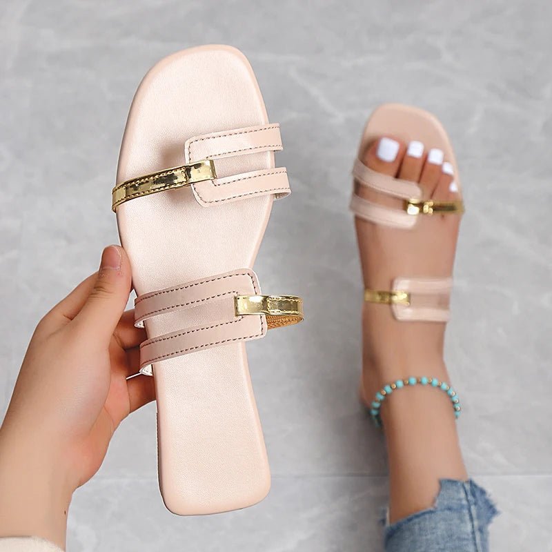 Women's Slippers 2023 Summer Gold Color Thin Belt Combination Square Head Flat Heel Female Plus Size Outdoor Beach Women Sandals - La Tienda Bella