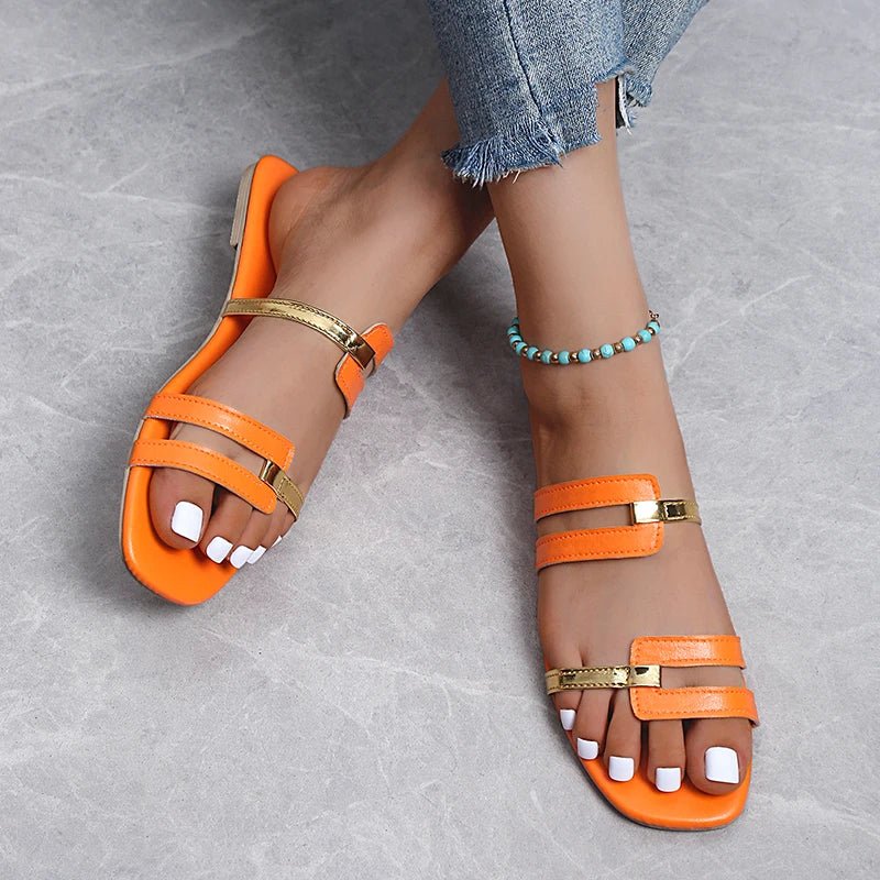 Women's Slippers 2023 Summer Gold Color Thin Belt Combination Square Head Flat Heel Female Plus Size Outdoor Beach Women Sandals - La Tienda Bella