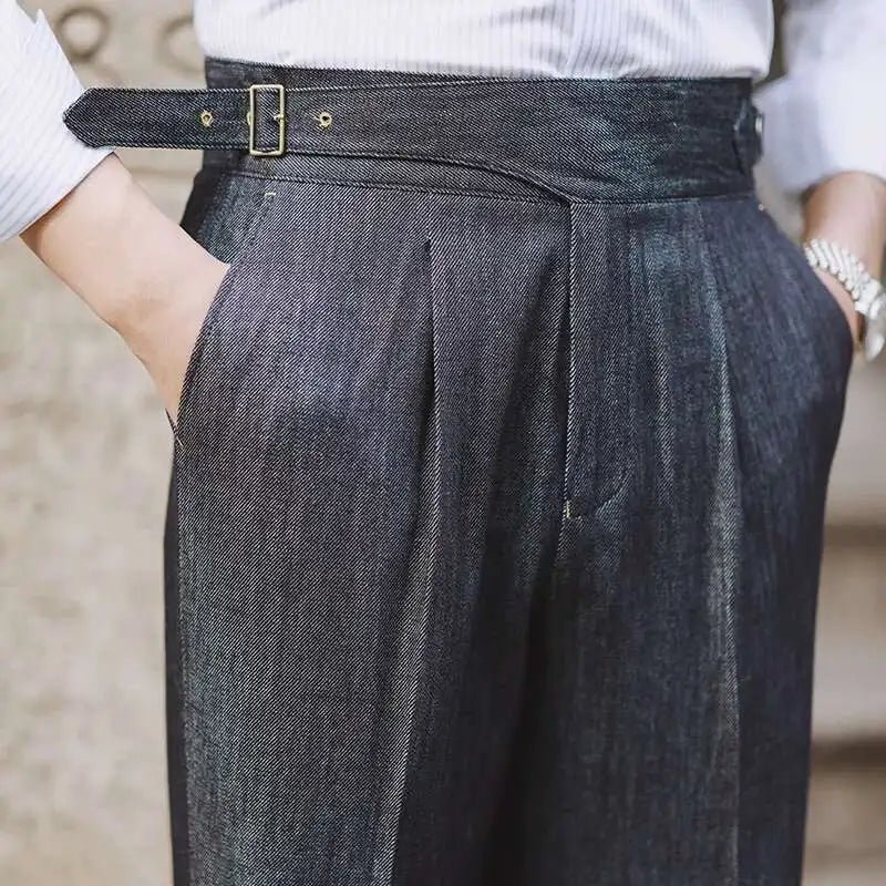 2022 Fashion Mens Dress Pant High Waist Straight Pants Men Spring Business Versatile Belt Trouser Gentleman Paris Button Pant - La Tienda Bella