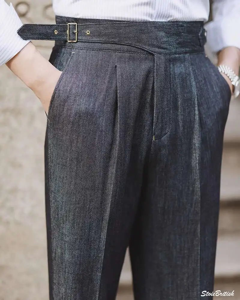 2022 Fashion Mens Dress Pant High Waist Straight Pants Men Spring Business Versatile Belt Trouser Gentleman Paris Button Pant - La Tienda Bella