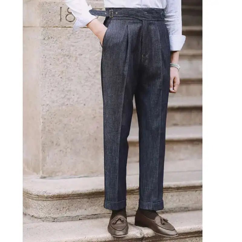 2022 Fashion Mens Dress Pant High Waist Straight Pants Men Spring Business Versatile Belt Trouser Gentleman Paris Button Pant - La Tienda Bella