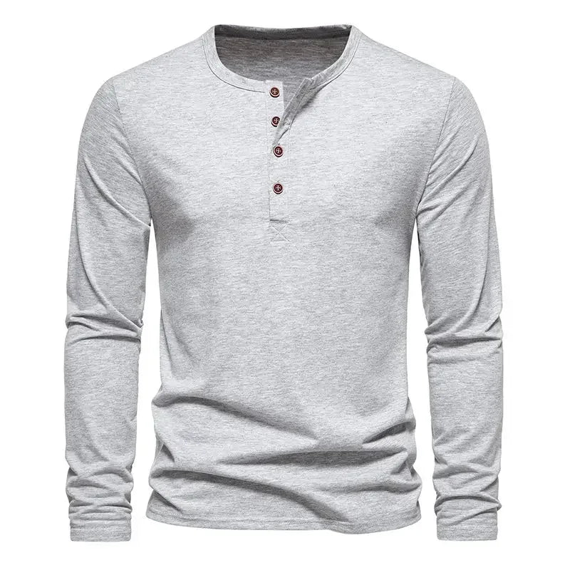 2023 Autumn Mens Fashion New Men Henry Neck Long Sleeve T-Shirt Men Fashion Casual Vintage T-Shirt Male Button Slim Washed Tees - La Tienda Bella