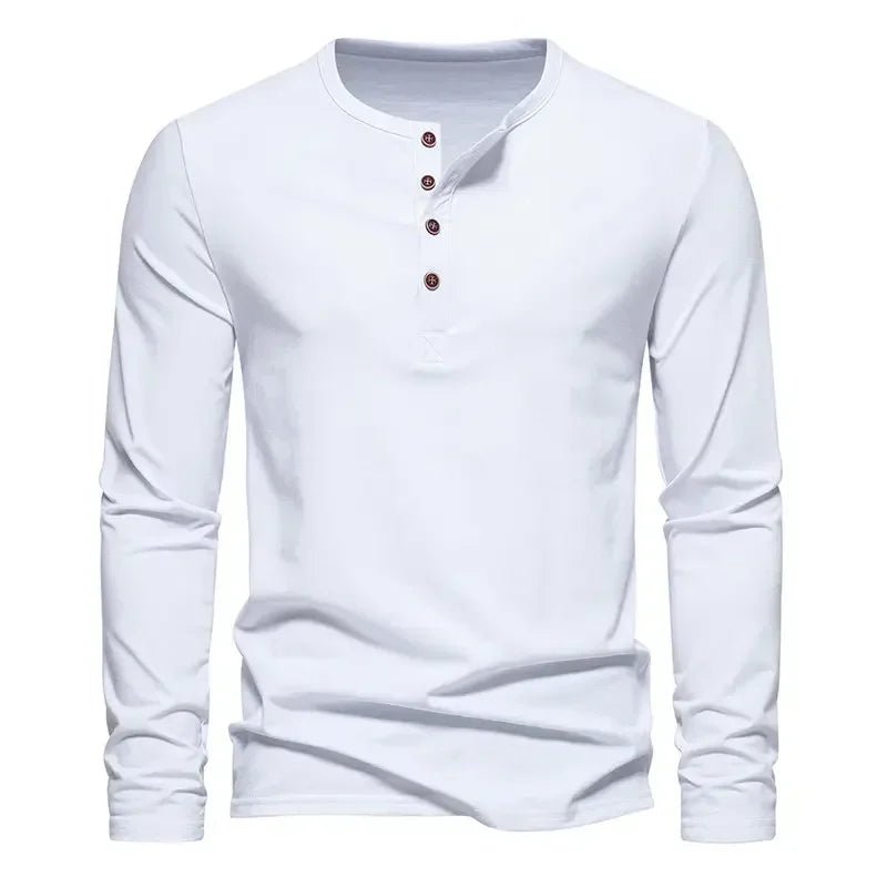 2023 Autumn Mens Fashion New Men Henry Neck Long Sleeve T-Shirt Men Fashion Casual Vintage T-Shirt Male Button Slim Washed Tees - La Tienda Bella