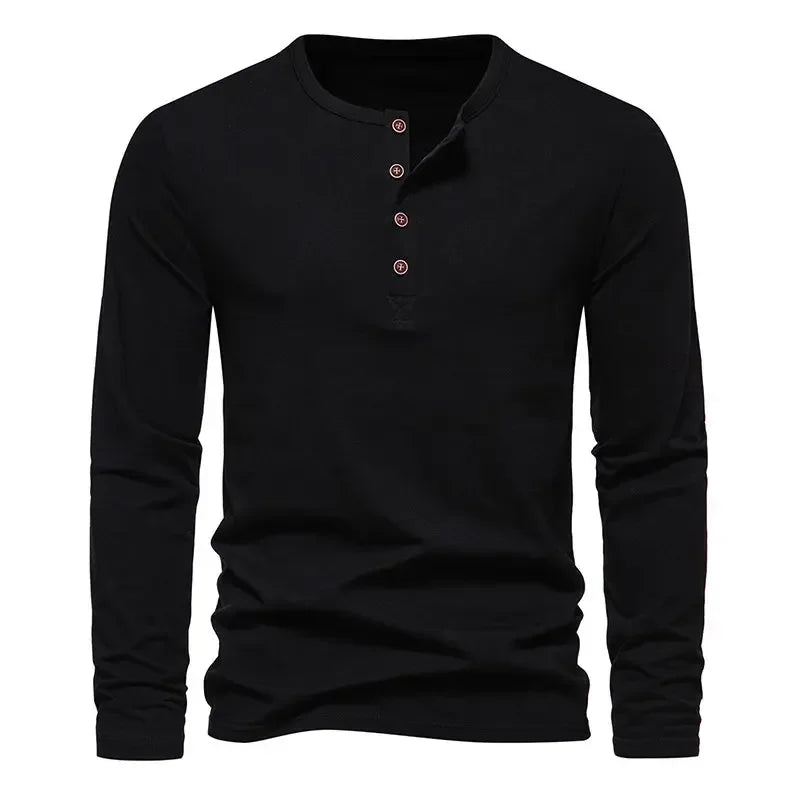 2023 Autumn Mens Fashion New Men Henry Neck Long Sleeve T-Shirt Men Fashion Casual Vintage T-Shirt Male Button Slim Washed Tees - La Tienda Bella