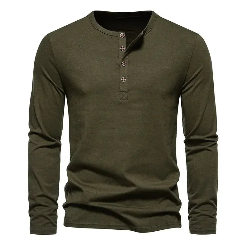 2023 Autumn Mens Fashion New Men Henry Neck Long Sleeve T-Shirt Men Fashion Casual Vintage T-Shirt Male Button Slim Washed Tees - La Tienda Bella