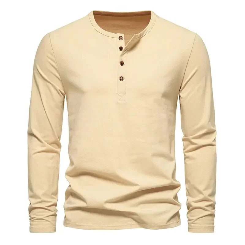 2023 Autumn Mens Fashion New Men Henry Neck Long Sleeve T-Shirt Men Fashion Casual Vintage T-Shirt Male Button Slim Washed Tees - La Tienda Bella