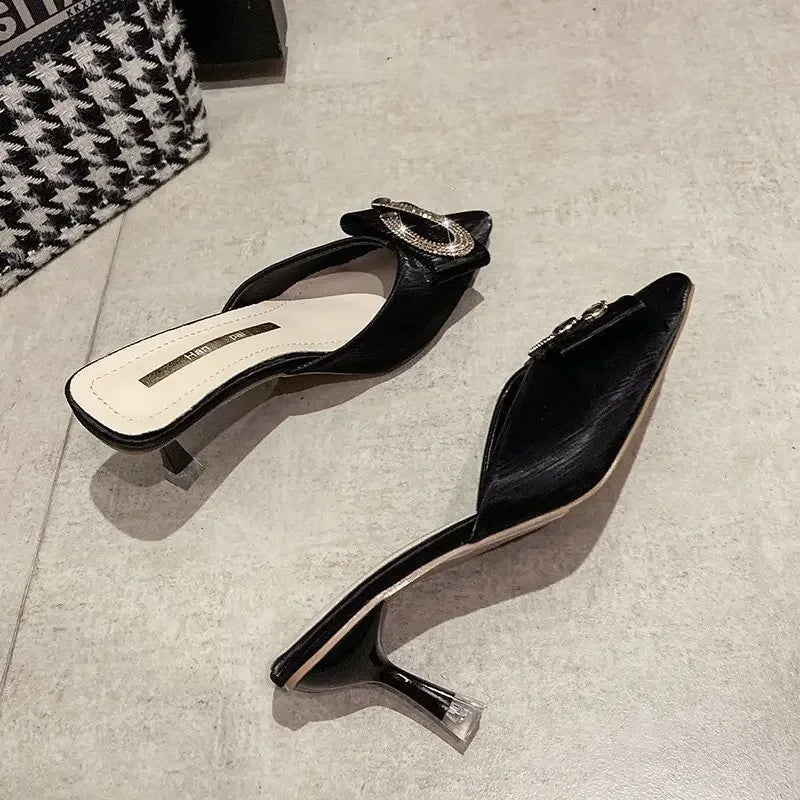 2024 New Women Slippers Mules Pointed Toe Rubber Metal Chains Outsole Slides Footwear Fashion Casual Lady High Heels Zapatillas - La Tienda Bella