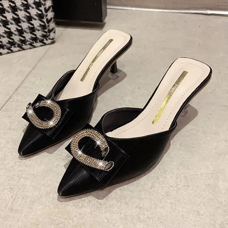 2024 New Women Slippers Mules Pointed Toe Rubber Metal Chains Outsole Slides Footwear Fashion Casual Lady High Heels Zapatillas - La Tienda Bella